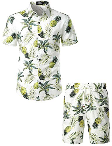 JOGAL Herren Blumen Kurzarm Baumwolle Hawaii Hemd Shorts Set X-Large Weiß Türkis von JOGAL