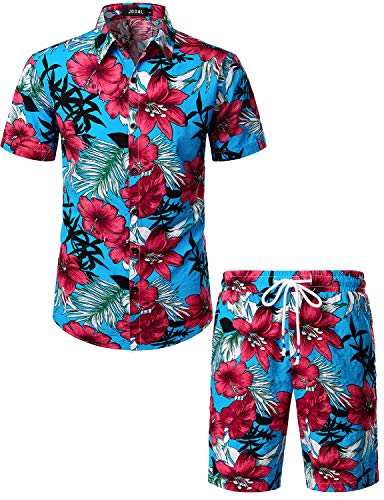 JOGAL Herren Blumen Kurzarm Baumwolle Hawaii Hemd Shorts Set XX-Large Himmelblau von JOGAL