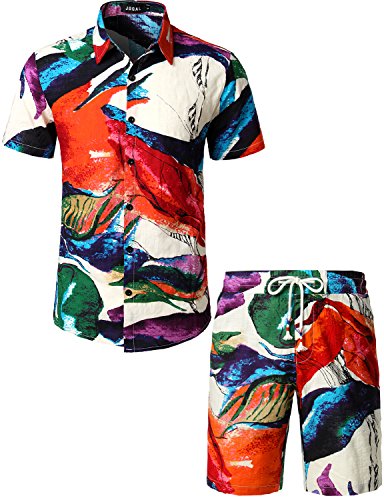 JOGAL Herren Blumen Kurzarm Baumwolle Hawaii Hemd Shorts Set XX-Large Mehrfarbig von JOGAL