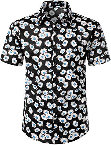 JOGAL Herren Blumen Kurzarm Baumwolle Hawaii Hemd Small Schwarz Himmelblau von JOGAL