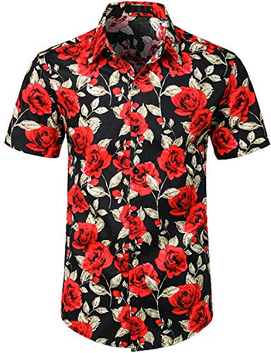 JOGAL Herren Blumen Kurzarm Baumwolle Hawaii Hemd Small SchwarzRose von JOGAL