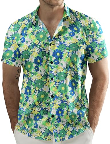 JOGAL Herren Blumen Kurzarm Baumwolle Hawaii Hemd Strand Sommer Freizeithemd Blau Grün Gänseblümchen Groß von JOGAL