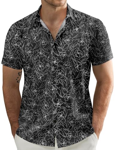 JOGAL Herren Blumen Kurzarm Baumwolle Hawaii Hemd Strand Sommer Freizeithemd Schwarz Weiß Linie Klein von JOGAL