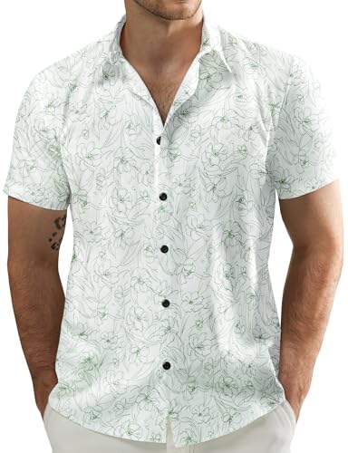 JOGAL Herren Blumen Kurzarm Baumwolle Hawaii Hemd Strand Sommer Freizeithemd Weiß Grün Linie Groß von JOGAL