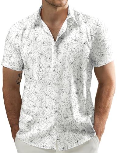 JOGAL Herren Blumen Kurzarm Baumwolle Hawaii Hemd Strand Sommer Freizeithemd Weiß Linie Blume Mittel von JOGAL
