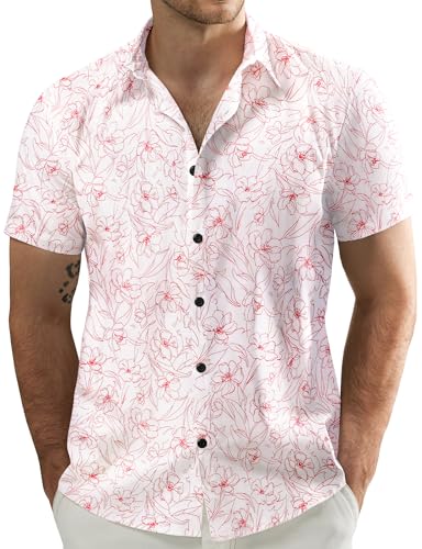 JOGAL Herren Blumen Kurzarm Baumwolle Hawaii Hemd Strand Sommer Freizeithemd Weiß Rot Linie Mittel von JOGAL