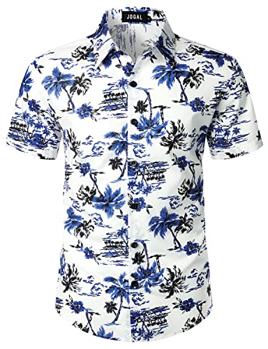 JOGAL Herren Blumen Kurzarm Baumwolle Hawaii Hemd Weiß Blau Mittel von JOGAL