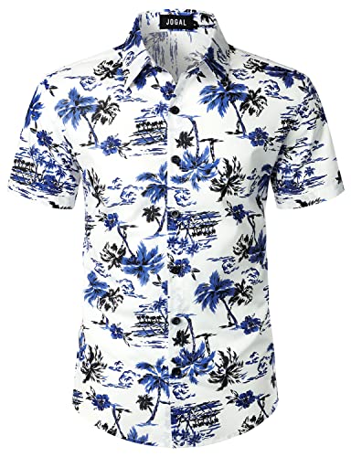 JOGAL Herren Blumen Kurzarm Baumwolle Hawaii Hemd Weiß Blau XX-Large von JOGAL