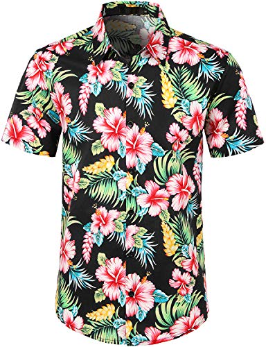 JOGAL Herren Blumen Kurzarm Baumwolle Hawaii Hemd XX-Large SchwarzHibiskus von JOGAL