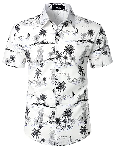 JOGAL Herren Blumen Kurzarm Baumwolle Hawaii Hemd weiß grau 3X-Large von JOGAL