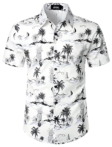 JOGAL Herren Blumen Kurzarm Baumwolle Hawaii Hemd weiß grau X-Large von JOGAL