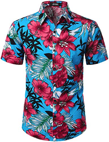 JOGAL Herren Casual Floral Blumenmuster Kurzarm Hawaiihemd 3X-Large Himmel Blau von JOGAL