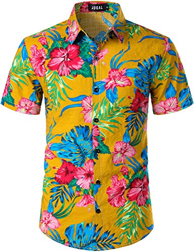 JOGAL Herren Casual Floral Blumenmuster Kurzarm Hawaiihemd 3X-Large Ingwer von JOGAL