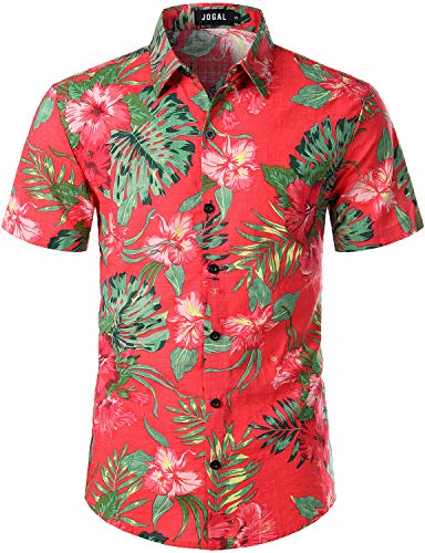 JOGAL Herren Casual Floral Blumenmuster Kurzarm Hawaiihemd 3X-Large KoralleRot von JOGAL