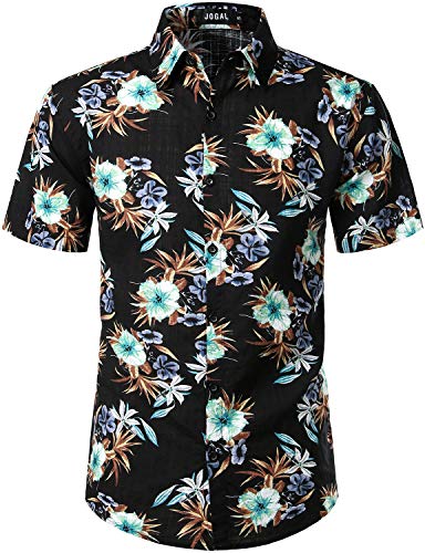 JOGAL Herren Casual Floral Blumenmuster Kurzarm Hawaiihemd 3X-Large Schwarz Blau von JOGAL