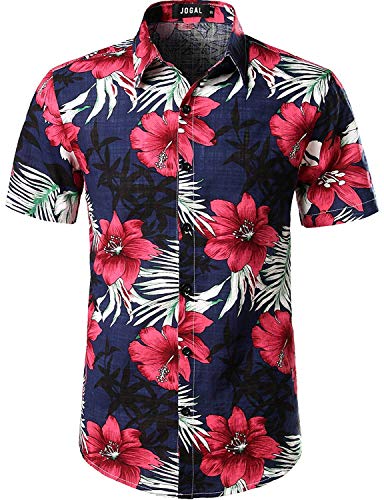 JOGAL Herren Casual Floral Blumenmuster Kurzarm Hawaiihemd Large Navy von JOGAL