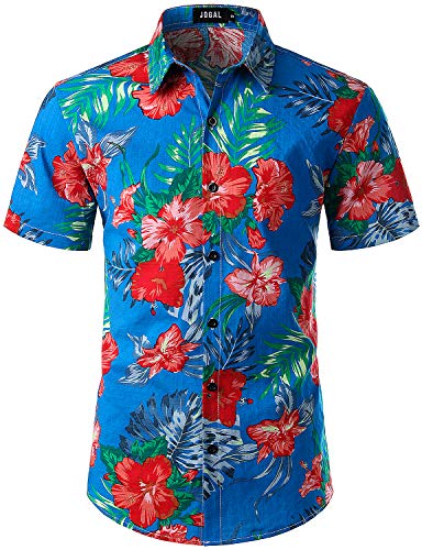 JOGAL Herren Casual Floral Blumenmuster Kurzarm Hawaiihemd Large SeeBlau von JOGAL