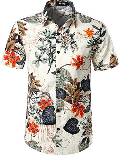 JOGAL Herren Casual Floral Blumenmuster Kurzarm Hawaiihemd Large Weiß von JOGAL