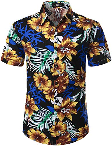 JOGAL Herren Casual Floral Blumenmuster Kurzarm Hawaiihemd Medium Schwarz Gelb von JOGAL