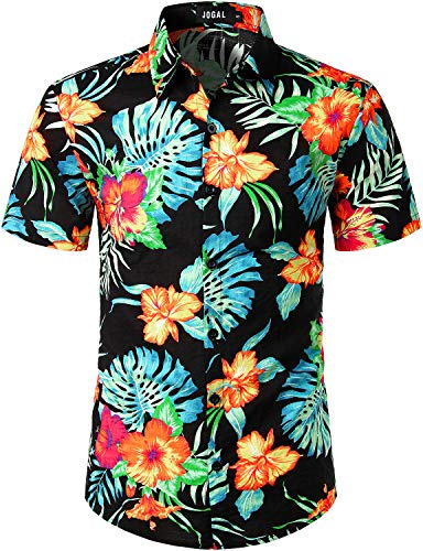 JOGAL Herren Casual Floral Blumenmuster Kurzarm Hawaiihemd Small Schwarz von JOGAL