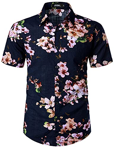 JOGAL Herren Casual Floral Blumenmuster Kurzarm Hawaiihemd Sommer Strandhemd Marine Pfirsich X-Large von JOGAL