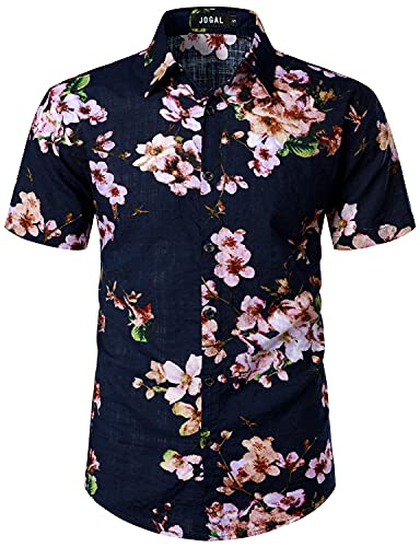 JOGAL Herren Casual Floral Blumenmuster Kurzarm Hawaiihemd Sommer Strandhemd Marine Pfirsich XX-Large von JOGAL