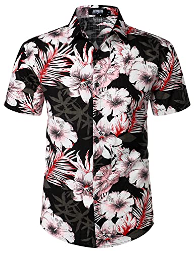 JOGAL Herren Casual Floral Blumenmuster Kurzarm Hawaiihemd Sommer Strandhemd Schwarz Grau Groß von JOGAL