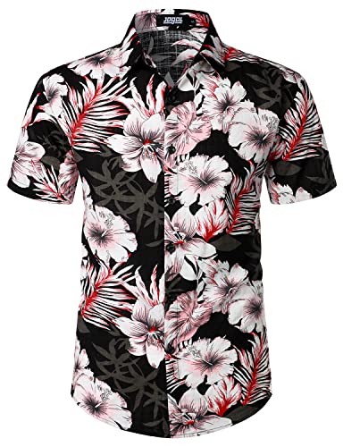 JOGAL Herren Casual Floral Blumenmuster Kurzarm Hawaiihemd Sommer Strandhemd Schwarz Grau Mittel von JOGAL
