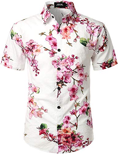 JOGAL Herren Casual Floral Blumenmuster Kurzarm Hawaiihemd X-Large Weiß Rosa von JOGAL