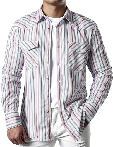 JOGAL Herren Cord Hemd Langarm Hemdjacke Regular Fit Gestreiftes Casual Faltenfrei Hemd Button Down Business Freizeithemd Weiß Rosa Mittel von JOGAL