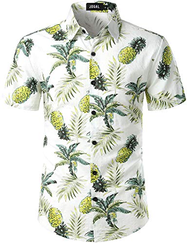 JOGAL Herren Floral Blumenmuster Kurzarm Baumwolle Ananas Hawaiihemd 3X-Large WeißAnanas von JOGAL