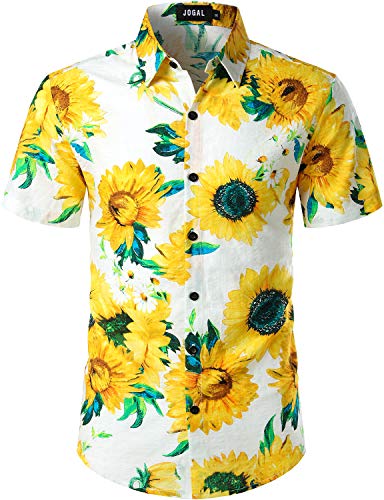 JOGAL Herren Floral Blumenmuster Kurzarm Baumwolle Ananas Hawaiihemd 3X-Large WeißSonnenblume von JOGAL