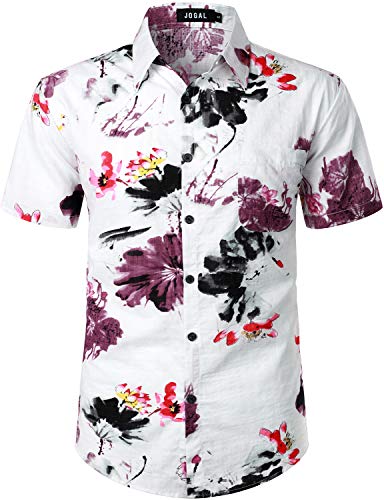 JOGAL Herren Hawaii Hemd Männer Kurzarm Regular Fit Sommer Freizeithemd 3X-Large Weiß Rot von JOGAL