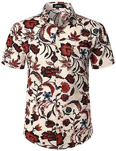 JOGAL Herren Hawaii Hemd Männer Kurzarm Regular Fit Sommer Freizeithemd Beige Blume Mittel von JOGAL