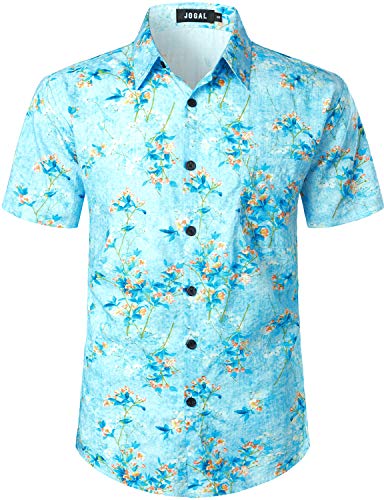 JOGAL Herren Hawaii Hemd Männer Kurzarm Regular Fit Sommer Freizeithemd Himmelblau Klein von JOGAL