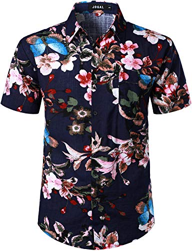 JOGAL Herren Hawaii Hemd Männer Kurzarm Regular Fit Sommer Freizeithemd Large Schwarz Blau von JOGAL