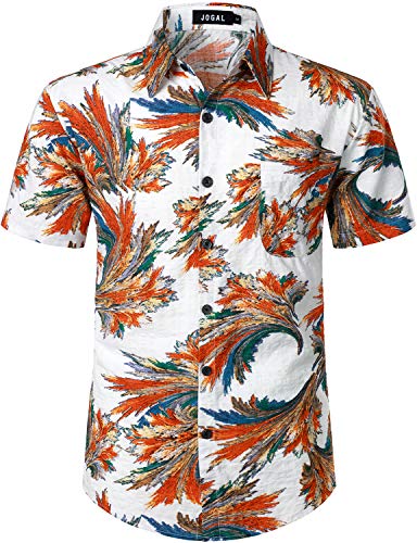JOGAL Herren Hawaii Hemd Männer Kurzarm Regular Fit Sommer Freizeithemd Large Weiß Orange von JOGAL