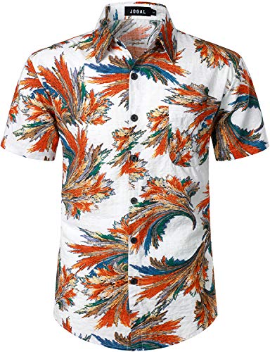 JOGAL Herren Hawaii Hemd Männer Kurzarm Regular Fit Sommer Freizeithemd Medium Weiß Orange von JOGAL