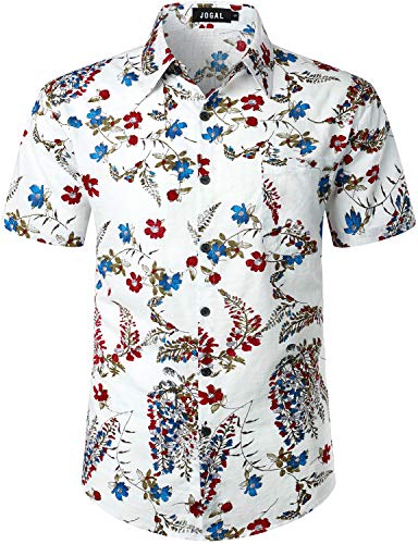 JOGAL Herren Hawaii Hemd Männer Kurzarm Regular Fit Sommer Freizeithemd Medium Weiß von JOGAL