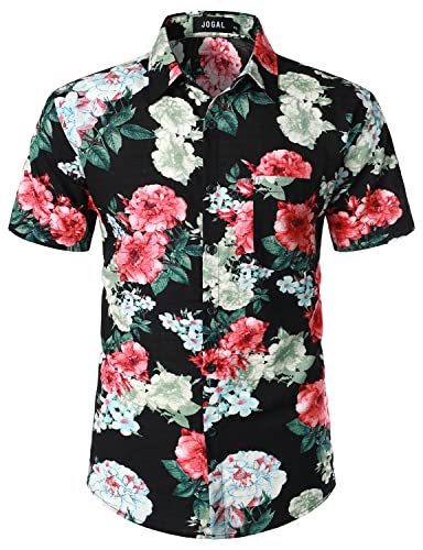 JOGAL Herren Hawaii Hemd Männer Kurzarm Regular Fit Sommer Freizeithemd Schwarze Blume Mittel von JOGAL