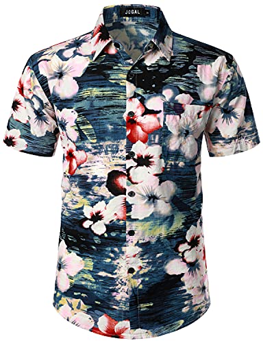 JOGAL Herren Hawaii Hemd Männer Kurzarm Regular Fit Sommer Freizeithemd Seeblauer Hibiskus Mittel von JOGAL