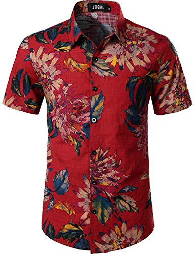 JOGAL Herren Casual Floral Blumenmuster Kurzarm Hawaiihemd Small Rot von JOGAL