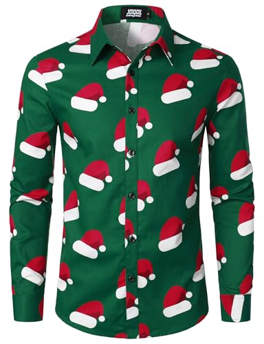 JOGAL Herren Funky Christmas Print Weihnachtsmann Hemd Langarm Button Up Freizeithemd Groß Grün Hut von JOGAL
