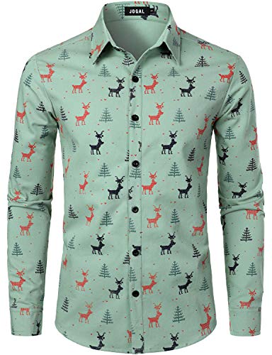 JOGAL Herren Funky Christmas Print Weihnachtsmann Hemd Langarm Button Up Freizeithemd Grün Groß von JOGAL