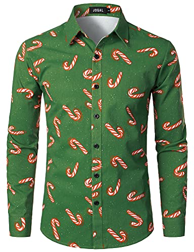 JOGAL Herren Funky Christmas Print Weihnachtsmann Hemd Langarm Button Up Freizeithemd Grün Süßigkeit Mittel von JOGAL