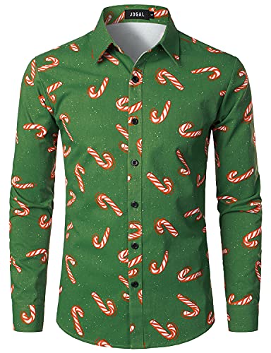 JOGAL Herren Funky Christmas Print Weihnachtsmann Hemd Langarm Button Up Freizeithemd Grün Süßigkeit X-Large von JOGAL