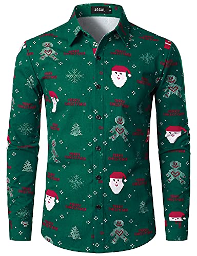 JOGAL Herren Funky Christmas Print Weihnachtsmann Hemd Langarm Button Up Freizeithemd Grün Weihnachten Groß von JOGAL