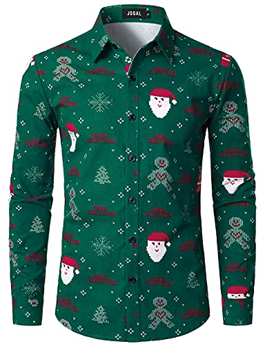 JOGAL Herren Funky Christmas Print Weihnachtsmann Hemd Langarm Button Up Freizeithemd Grün Weihnachten Klein von JOGAL