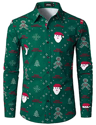 JOGAL Herren Funky Christmas Print Weihnachtsmann Hemd Langarm Button Up Freizeithemd Grün Weihnachten Klein JOGAL Herren Funky Christmas Print Weihnachtsmann Hemd Langarm Button Up Freizeithemd Grün Weihnachten Klein von JOGAL