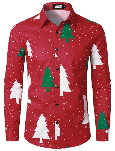 JOGAL Herren Funky Christmas Print Weihnachtsmann Hemd Langarm Button Up Freizeithemd Mittel Rot Baum JOGAL Herren Funky Christmas Print Weihnachtsmann Hemd Langarm Button Up Freizeithemd Mittel Rot Baum von JOGAL
